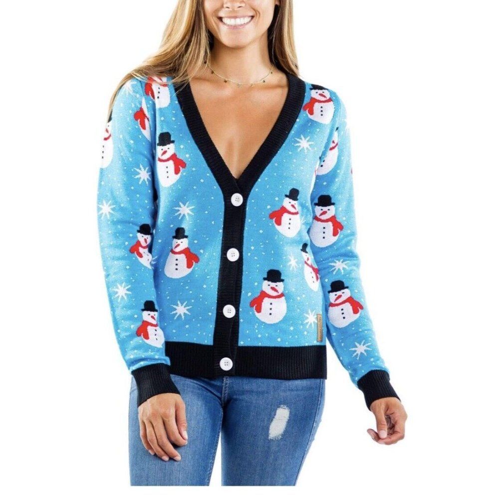 Tipsy Elves Women’s Small Snowman Cardigan Sweater Blue Holiday Ugly Christmas